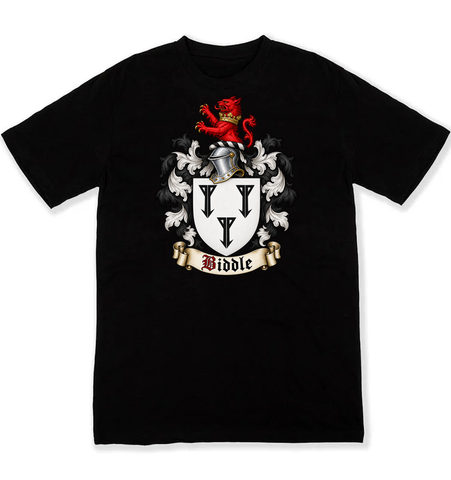 Biddle coat of arms on a black Tshirt