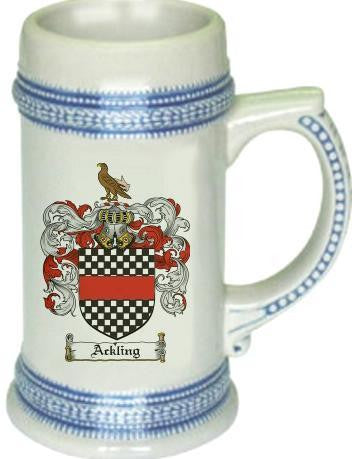 Ackling family crest stein coat of arms tankard mug