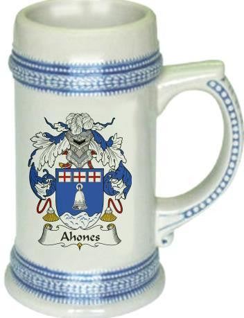 Ahones family crest stein coat of arms tankard mug