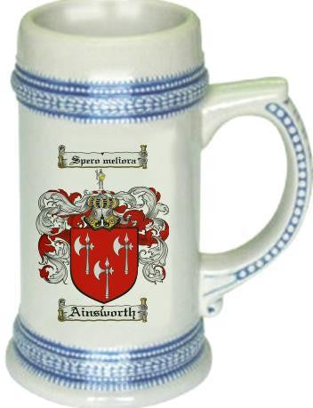 Ainsworth family crest stein coat of arms tankard mug