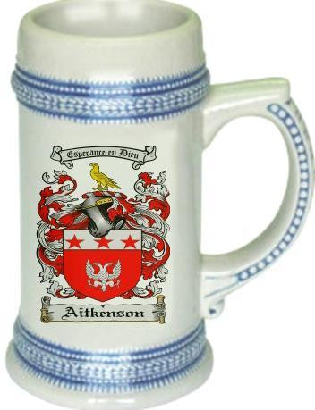 Aitkenson family crest stein coat of arms tankard mug