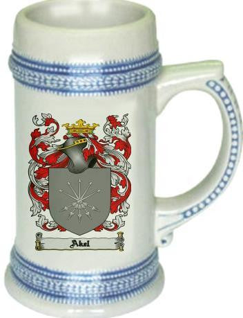 Akel family crest stein coat of arms tankard mug