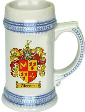 Akerman family crest stein coat of arms tankard mug