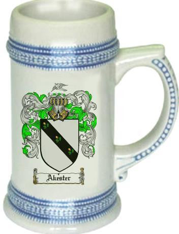 Akester family crest stein coat of arms tankard mug