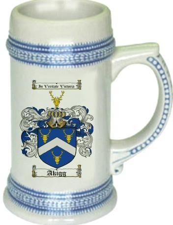 Akigg family crest stein coat of arms tankard mug