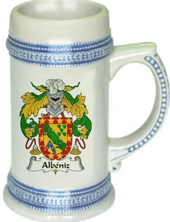 Albeniz family crest stein coat of arms tankard mug