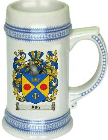 Alfie family crest stein coat of arms tankard mug