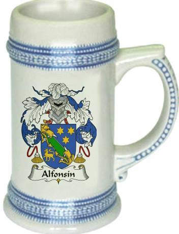 Alfonsin family crest stein coat of arms tankard mug