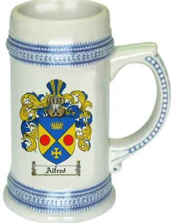 Alfred family crest stein coat of arms tankard mug