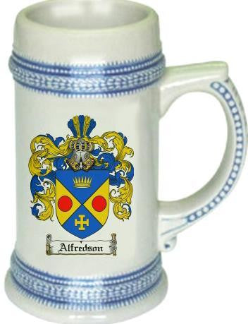 Alfredson family crest stein coat of arms tankard mug