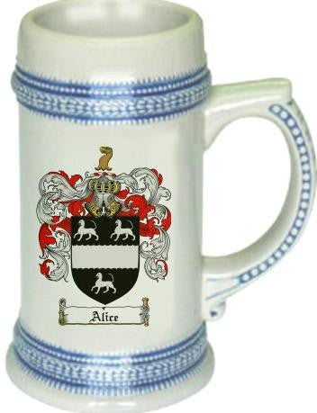 Alice family crest stein coat of arms tankard mug