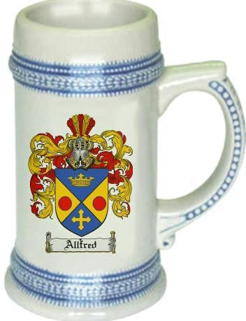 Allfred family crest stein coat of arms tankard mug