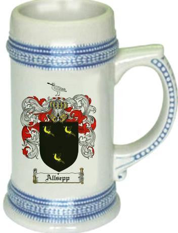 Allsepp family crest stein coat of arms tankard mug