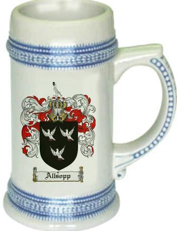 Allsopp family crest stein coat of arms tankard mug