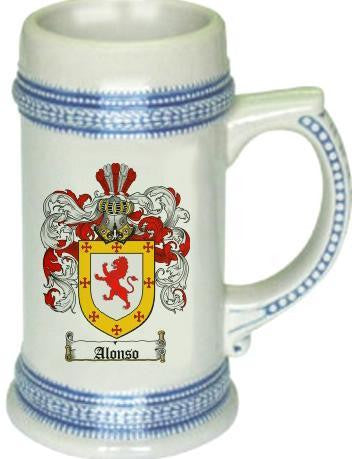 Alonso family crest stein coat of arms tankard mug