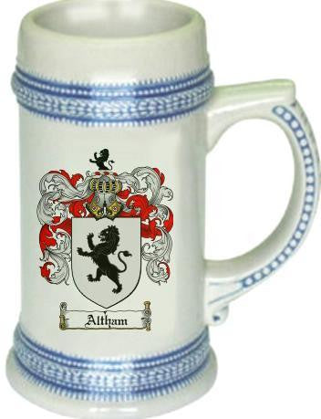 Altham family crest stein coat of arms tankard mug