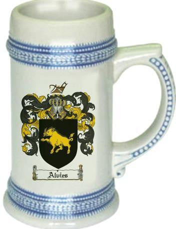 Alvies family crest stein coat of arms tankard mug