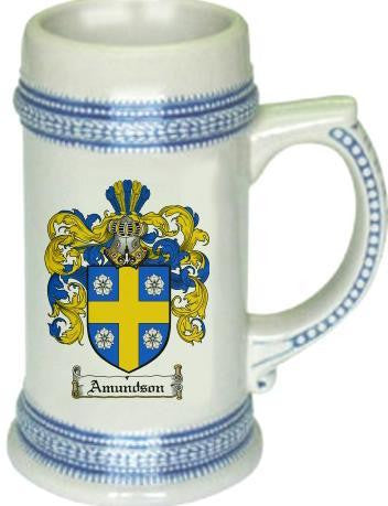 Amundson family crest stein coat of arms tankard mug