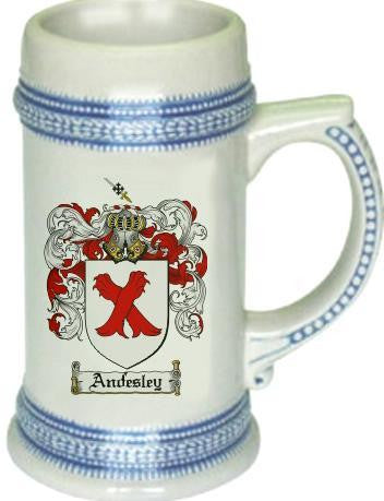 Andesley family crest stein coat of arms tankard mug