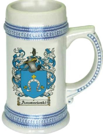 Anuszewski family crest stein coat of arms tankard mug