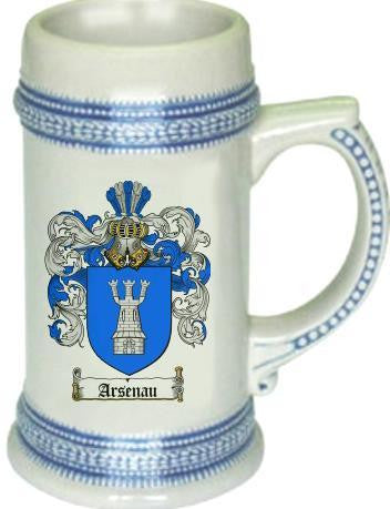 Arsenau family crest stein coat of arms tankard mug