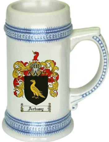 Artusy family crest stein coat of arms tankard mug