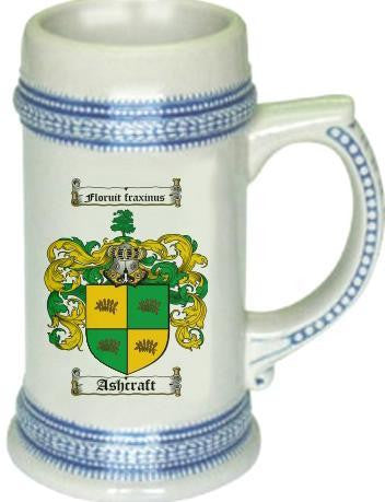 Ashcraft family crest stein coat of arms tankard mug