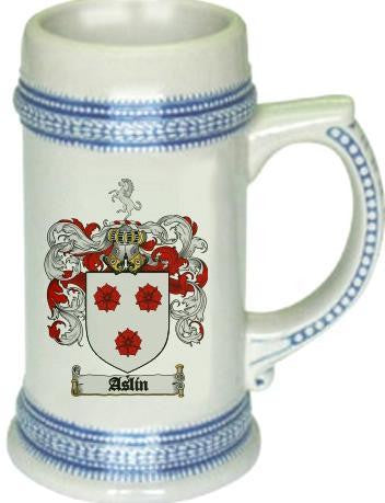 Aslin family crest stein coat of arms tankard mug