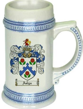 Aslyn family crest stein coat of arms tankard mug