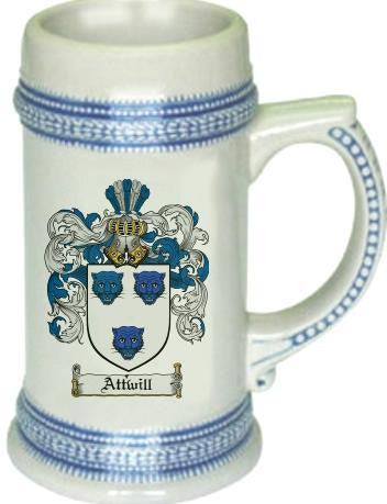 Attwill family crest stein coat of arms tankard mug