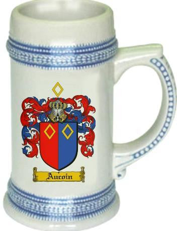 Aucoin family crest stein coat of arms tankard mug
