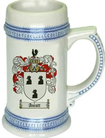 Aucott family crest stein coat of arms tankard mug
