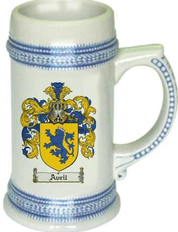 Avril family crest stein coat of arms tankard mug