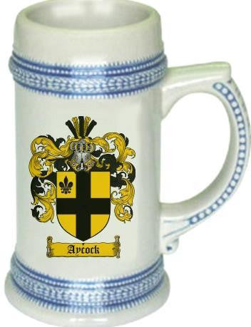 Aycock family crest stein coat of arms tankard mug