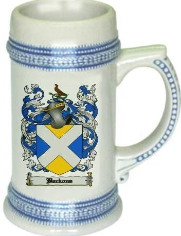 Backous family crest stein coat of arms tankard mug