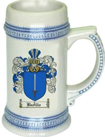Badillo family crest stein coat of arms tankard mug