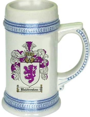 Balderston family crest stein coat of arms tankard mug