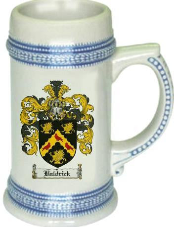Baldrick family crest stein coat of arms tankard mug