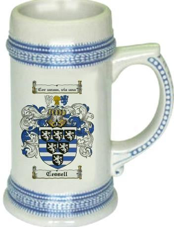 Cessell family crest stein coat of arms tankard mug