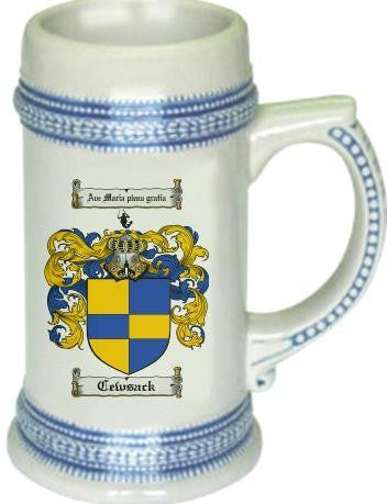 Cewsack family crest stein coat of arms tankard mug