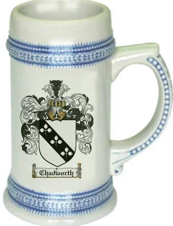 Chadworth family crest stein coat of arms tankard mug