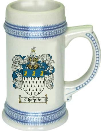 Chaiplin family crest stein coat of arms tankard mug