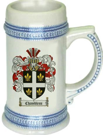 Chambless family crest stein coat of arms tankard mug
