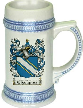 Champine family crest stein coat of arms tankard mug