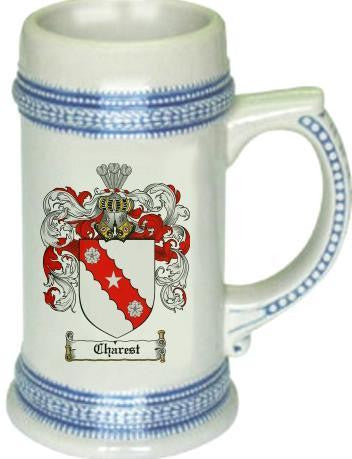 Charest family crest stein coat of arms tankard mug