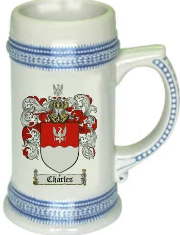 Charles family crest stein coat of arms tankard mug