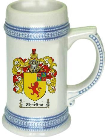 Charlton family crest stein coat of arms tankard mug
