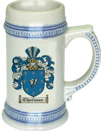 Charman family crest stein coat of arms tankard mug