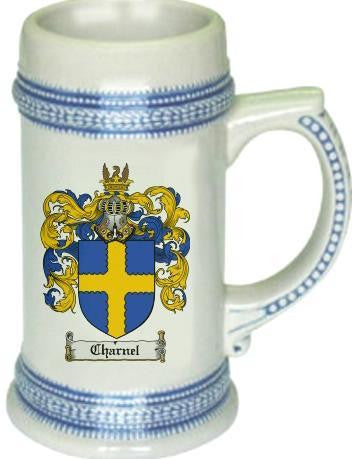 Charnel family crest stein coat of arms tankard mug