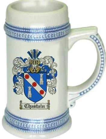 Chastain family crest stein coat of arms tankard mug